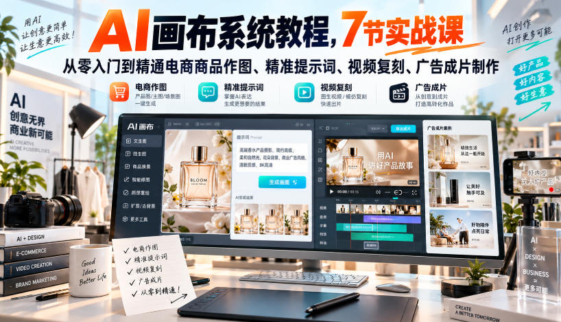 AI画布系统教程，7节实战课从零入门到精通电商商品作图、精准提示词、视频复刻、广告成片制作-资源宝库