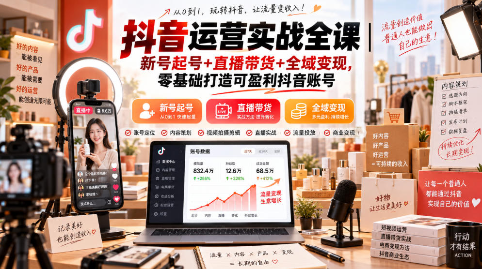 抖音运营实战全课｜新号起号+直播带货+全域变现，零基础打造可盈利抖音账号-资源宝库