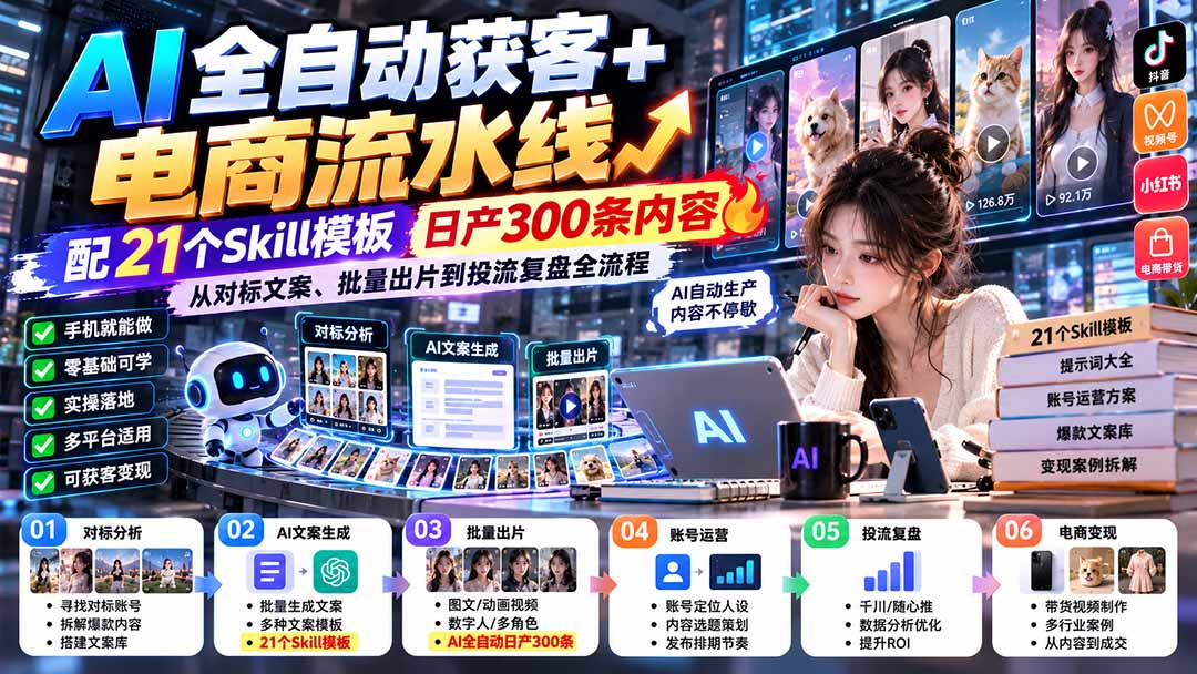 【无水印】AI全自动获客+电商流水线：配21个Skill模板，日产300条内容，从对标文案、批量出片到投流复盘全流程-资源宝库