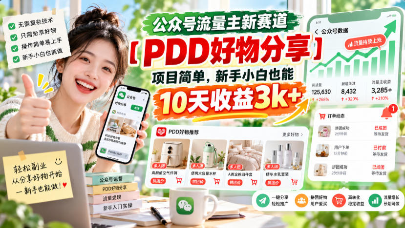 公众号流量主新赛道【PDD好物分享】，项目简单，新手小白也能10天收益3k+-资源宝库