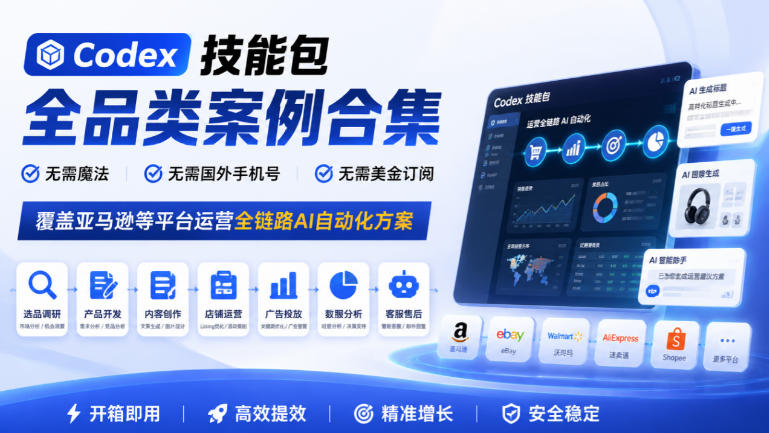 Codex技能包全品类案例合集，无需魔法、无需国外手机号、无需美金订阅，覆盖亚马逊等平台运营全链路AI自动化方案-资源宝库