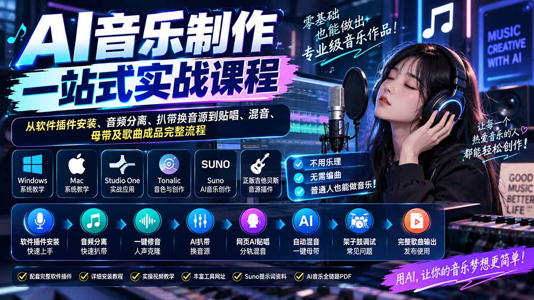AI音乐制作一站式实战课程：从软件插件安装、音频分离、扒带换音源到贴唱、混音、母带及歌曲成品完整流程-资源宝库