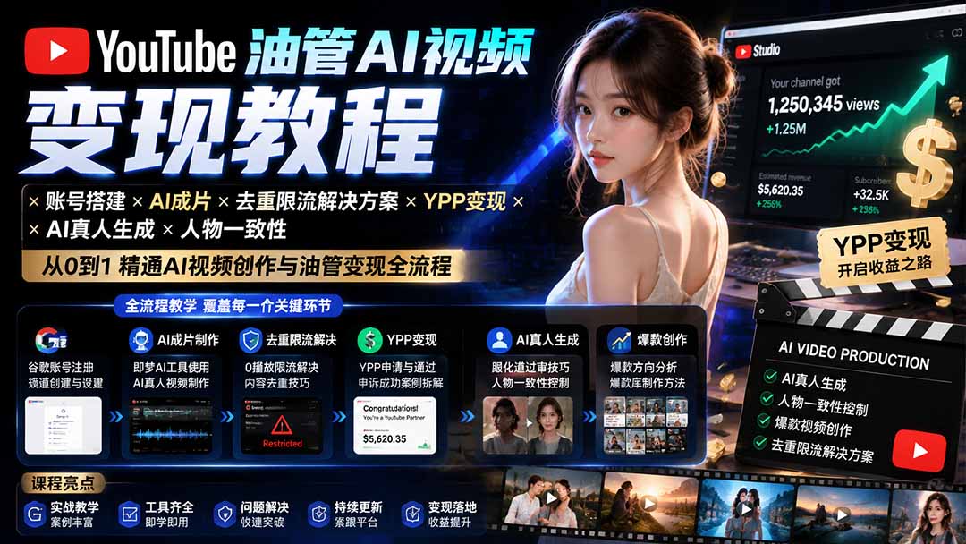 YouTube油管AI视频变现教程-更新0926：账号搭建×AI成片×去重限流解决方案×YPP变现×AI真人生成×人物一致性-资源宝库