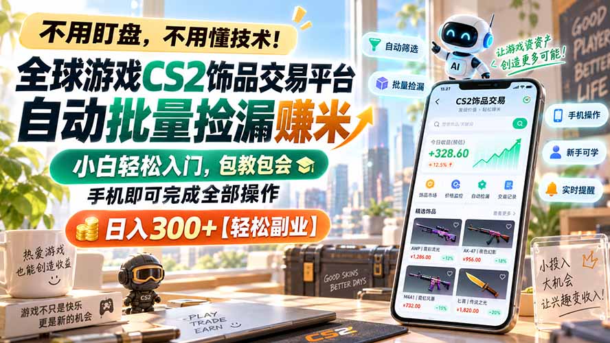 全球游戏CS2饰品交易平台自动批量捡漏赚米,小白轻松入门,包教包会,手机即可完成全部操作,日入300+【轻松副业】-资源宝库