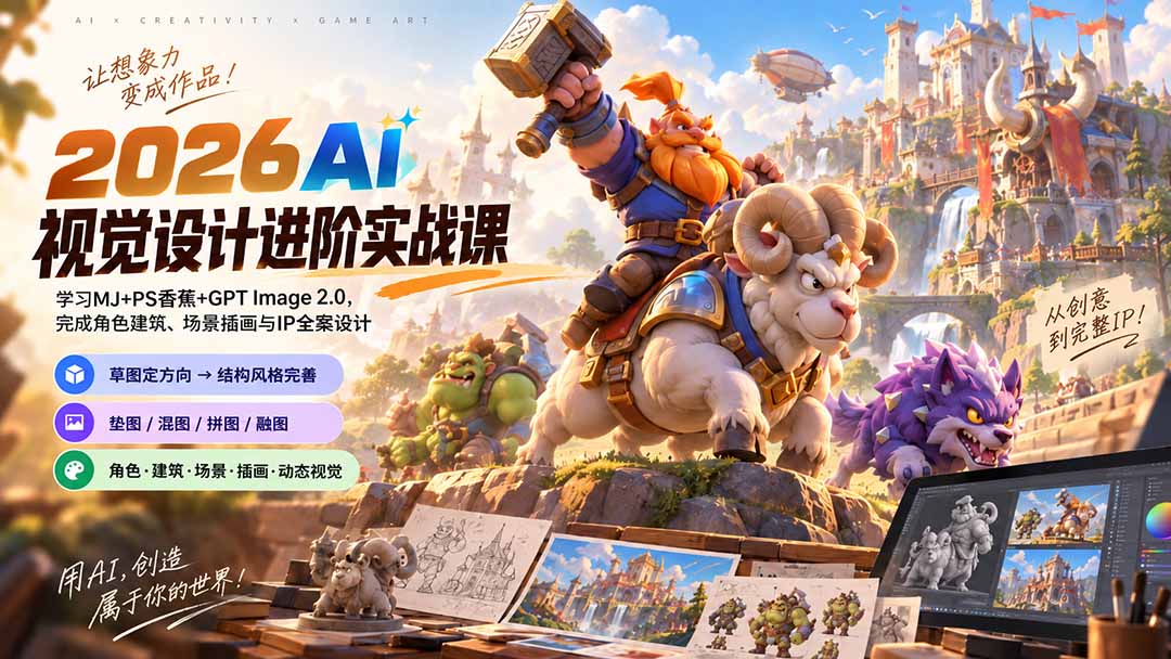 2026AI视觉设计进阶实战课-更新:学习MJ+PS香蕉+GPT Image 2.0,完成角色建筑、场景插画与IP全案设计-资源宝库