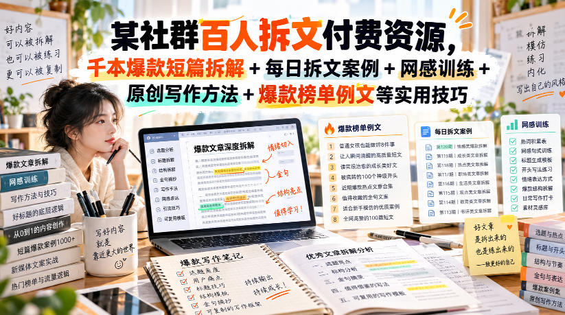 某社群百人拆文付费资源，千本爆款短篇拆解+每日拆文案例+网感训练+原创写作方法+爆款榜单例文等实用技巧(持续更新)-资源宝库