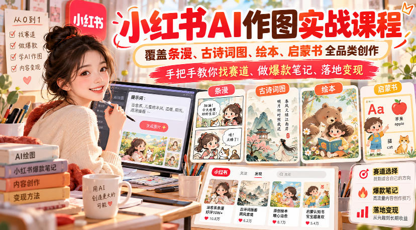 小红书AI作图实战课程，覆盖条漫、古诗词图、绘本、启蒙书全品类创作，手把手教你找赛道、做爆款笔记、落地变现-资源宝库