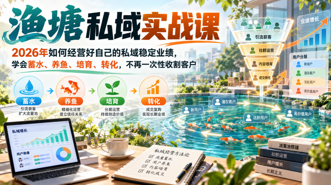 渔塘私域实战课，2026年如何经营好自己的私域稳定业绩，学会蓄水、养鱼、培育、转化，不再一次性收割客户-资源宝库
