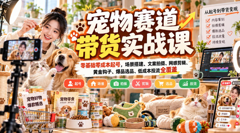 宠物赛道带货实战课,零基础零成本起号,场景搭建、文案拍摄、网感剪辑、黄金钩子、爆品选品、低成本投流全覆盖-资源宝库