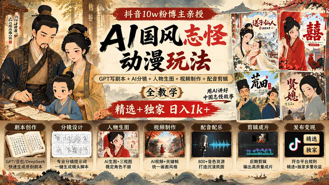 抖音10w粉博主亲授AI国风志怪动漫玩法｜GPT写剧本+AI分镜+人物生图+视频制作+配音剪辑全教学｜精选+独家日入1k+-资源宝库