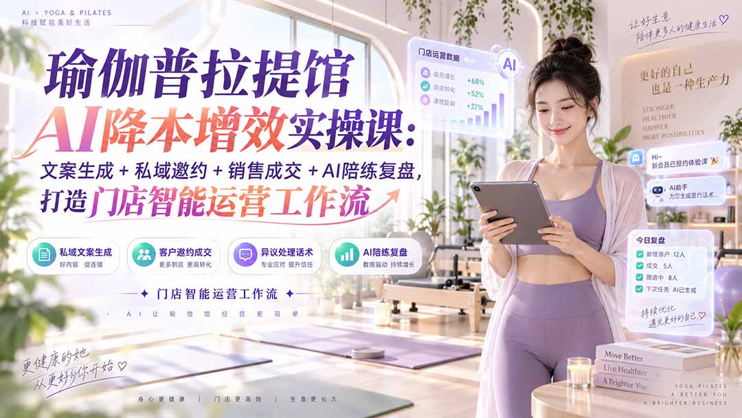 瑜伽普拉提馆AI降本增效实操课:文案生成+私域邀约+销售成交+AI陪练复盘,打造门店智能运营工作流-资源宝库