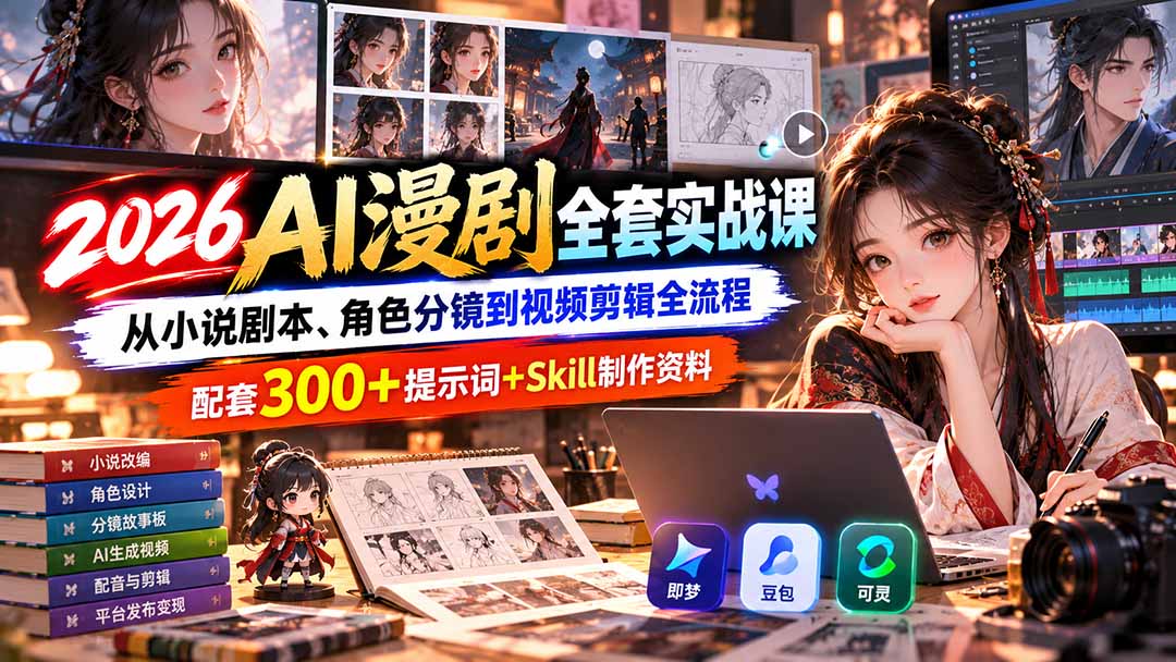 【无水印】2026AI漫剧全套实战课:从小说剧本、角色分镜到视频剪辑全流程,配套300+提示词+Skill制作资料-资源宝库