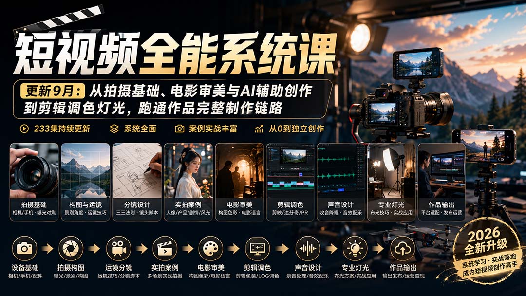 短视频全能系统课-9月完整版：从拍摄基础、电影审美与AI辅助创作到剪辑调色灯光，跑通作品完整制作链路-资源宝库