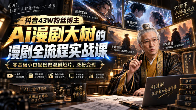抖音43W粉丝博主Ai漫剧大树的漫剧制作全流程实战课，零基础小白轻松做漫剧短片，涨粉变现-资源宝库