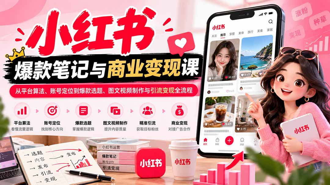 2026小红书爆款笔记与商业变现课：从平台算法、账号定位到爆款选题、图文视频制作与引流变现全流程-资源宝库