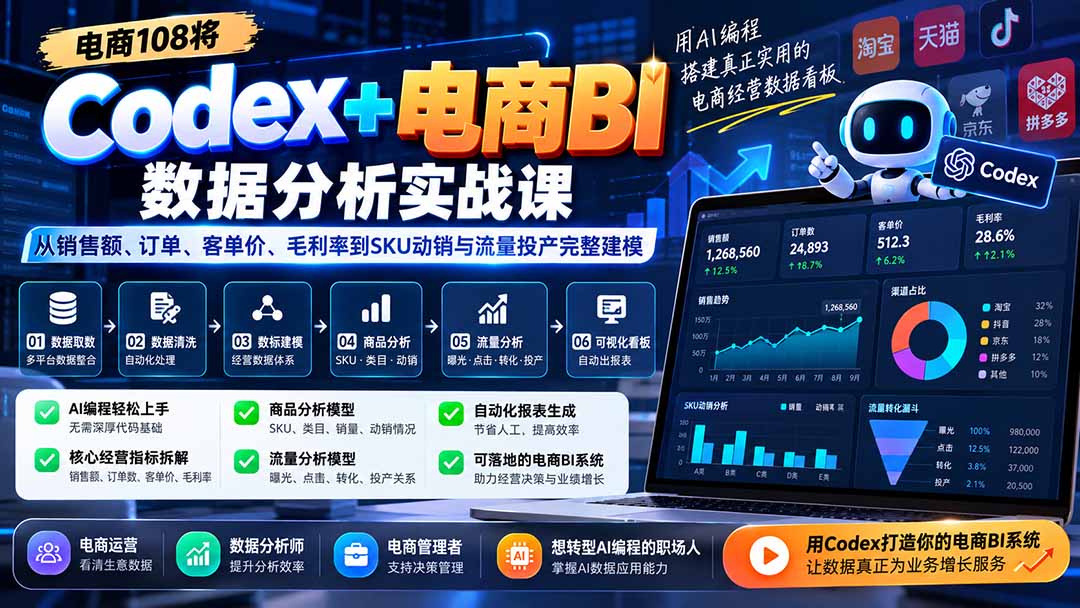 Codex+电商BI数据分析实战课-更新：从销售额、订单、客单价、毛利率到SKU动销与流量投产完整建模-资源宝库