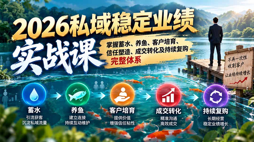 2026私域稳定业绩实战课：掌握蓄水、养鱼、客户培育、信任塑造、成交转化及持续复购完整体系-资源宝库