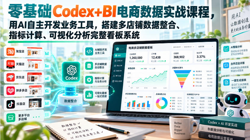 零基础Codex+BI电商数据实战课程，用AI自主开发业务工具，搭建多店铺数据整合、指标计算、可视化分析完整看板系统-资源宝库