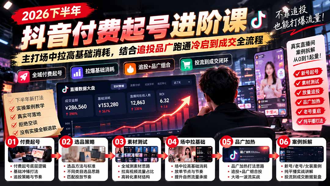 2026下半年抖音付费起号进阶课：主打场中拉高基础消耗，结合追投品广跑通冷启到成交全流程-资源宝库