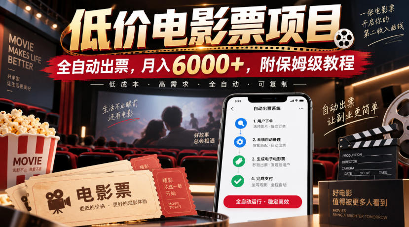 低价电影票项目,全自动出票,月入6000+,附保姆级教程【揭秘】-资源宝库