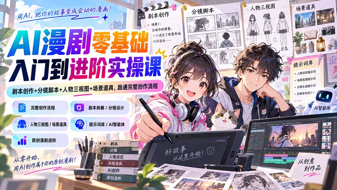 AI漫剧零基础入门到进阶实操课:剧本创作+分镜脚本+人物三视图+场景道具,跑通完整创作流程-资源宝库