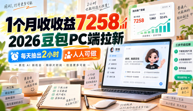 1个月收收益7258，2026豆包PC端拉新，每天抽出2小时，人人可做-资源宝库