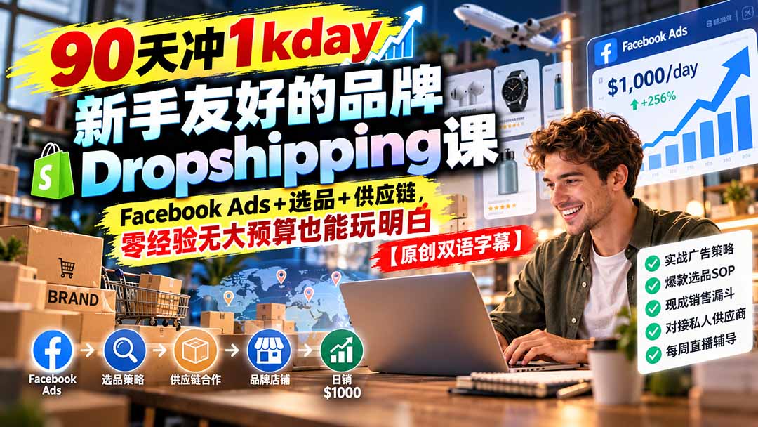 90天冲1kday 新手友好的品牌Dropshipping课:Facebook Ads+选品+供应链,零经验无大预算也能玩明白【原创双语字幕】-资源宝库