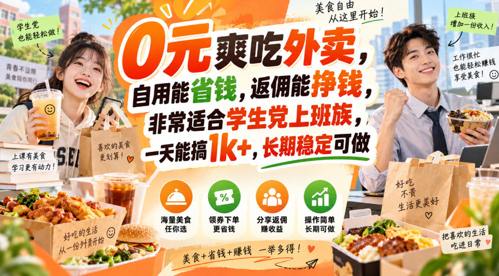 0元爽吃外卖，自用能省钱，返佣能挣钱，非常适合学生党上班族，一天能搞1k+，长期稳定可做-资源宝库