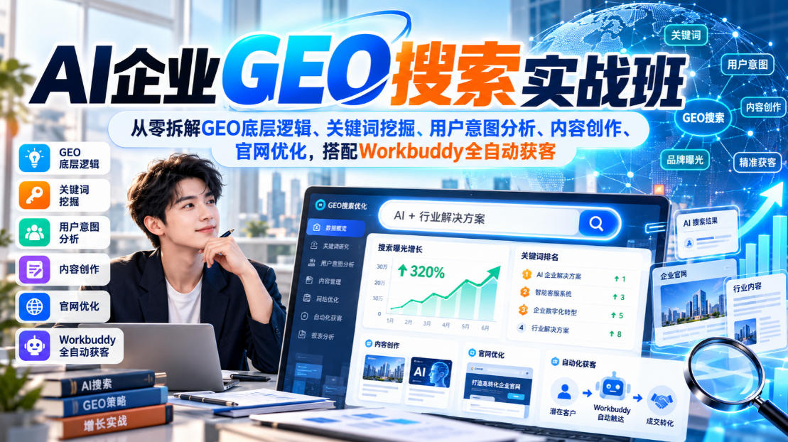 AI企业GEO搜索实战班，从零拆解GEO底层逻辑、关键词挖掘、用户意图分析、内容创作、官网优化，搭配Workbuddy全自动获客-资源宝库