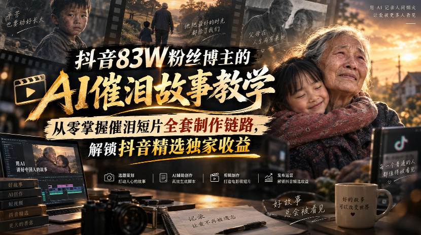 抖音83W粉丝博主的AI催泪故事教学，从零掌握催泪短片全套制作链路，解锁抖音精选独家收益-资源宝库