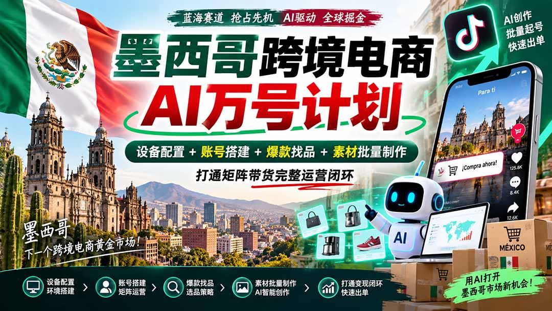 墨西哥AI跨境电商万号计划｜设备配置+账号搭建+爆款找品+素材批量制作，打通矩阵带货完整运营闭环-资源宝库