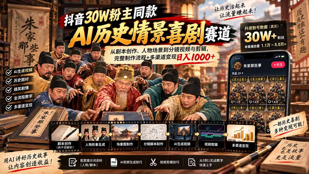 抖音30W粉博主同款AI历史情景喜剧赛道：从剧本创作、人物场景到分镜视频与剪辑，完整制作流程+多渠道变现日入1000+-资源宝库