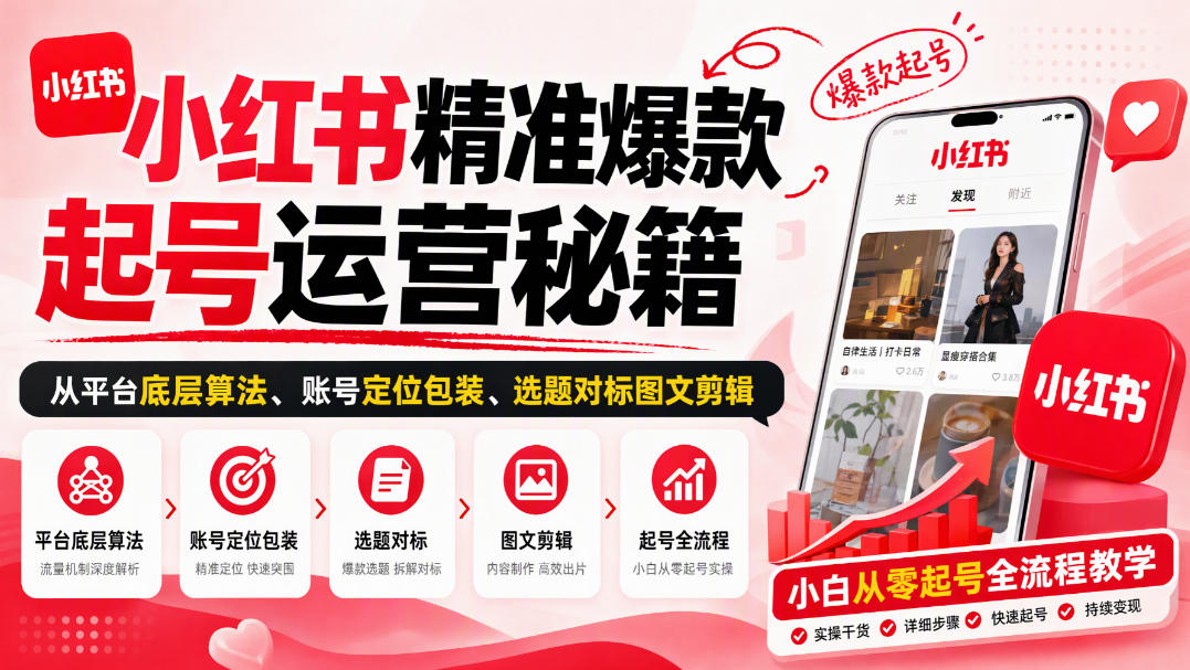 小红书精准爆款起号运营秘籍,从平台底层算法、账号定位包装、选题对标图文剪辑,小白从零起号全流程-资源宝库