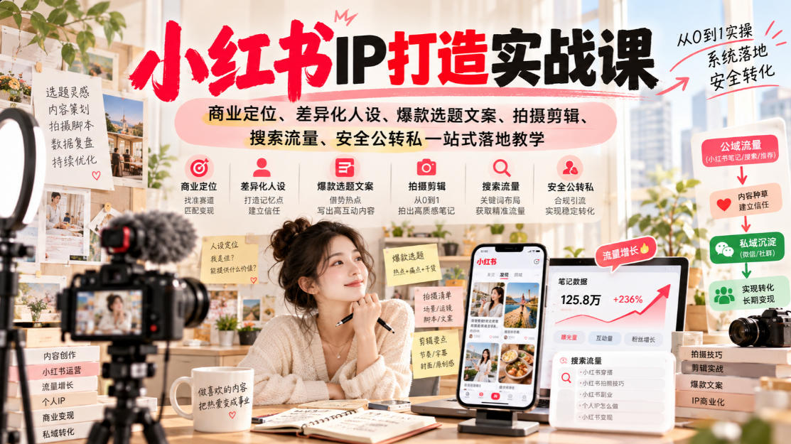 小红书ip打造实战课,商业定位、差异化人设、爆款选题文案、拍摄剪辑、搜索流量、安全公转私一站式落地教学-资源宝库