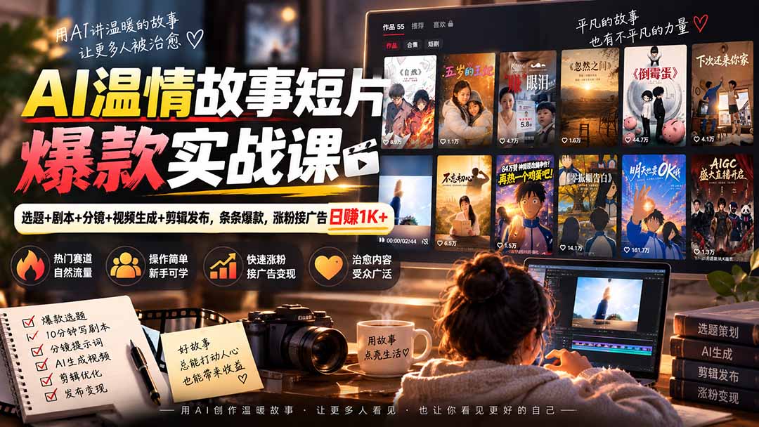 AI温情故事短片爆款实战课-更新|选题+剧本+分镜+视频生成+剪辑发布,条条爆款,涨粉接广告日赚1K+-资源宝库