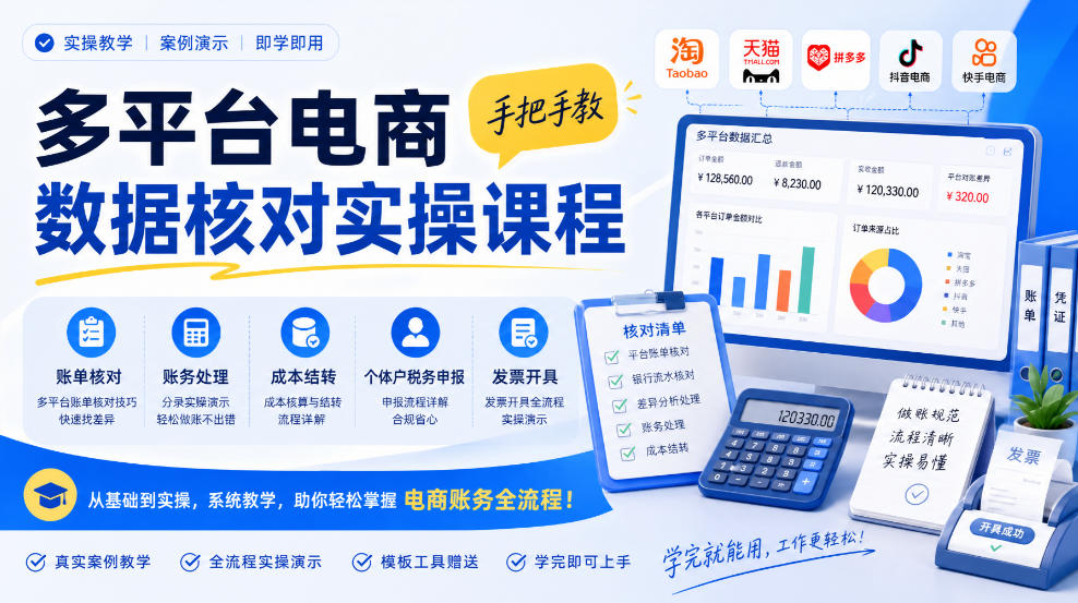 多平台电商数据核对实操课程，手把手教账单核对、账务处理、成本结转、个体户税务申报与发票开具-资源宝库