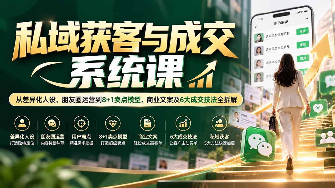 私域获客与成交系统课：从差异化人设、朋友圈运营到8+1卖点模型、商业文案及6大成交技法全拆解-资源宝库