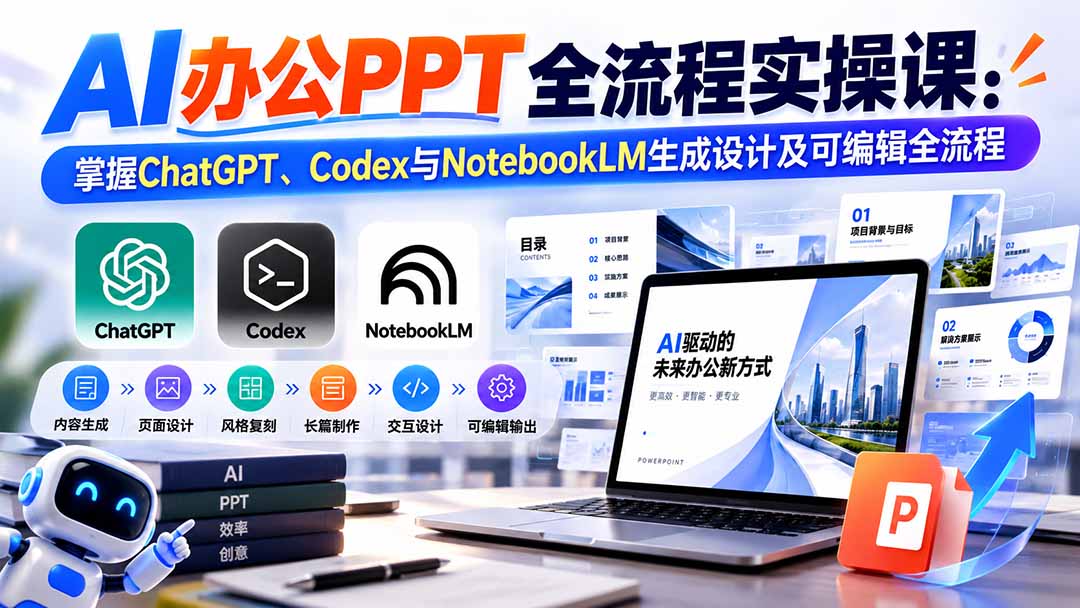 【无水印】AI办公PPT全流程实操课： 掌握ChatGPT、Codex与NotebookLM生成设计及可编辑全流程-资源宝库