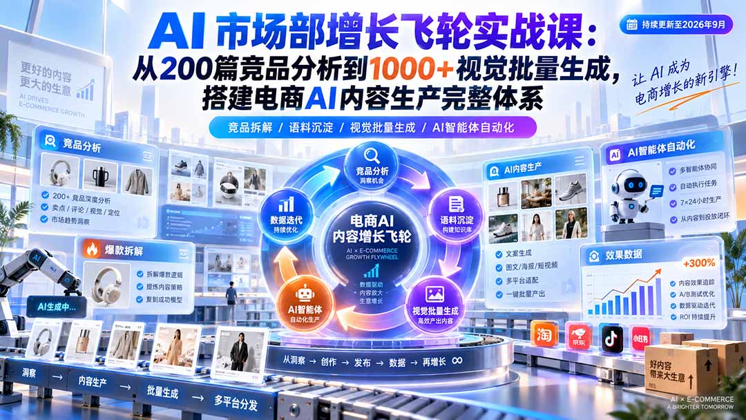 AI 市场部增长飞轮实战课：从200篇竞品分析到1000+视觉批量生成，搭建电商AI内容生产完整体系-资源宝库