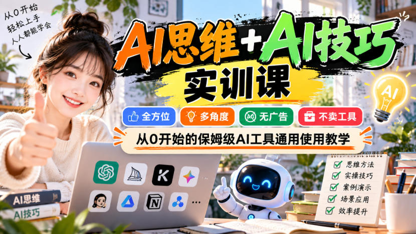 【无水印】AI思维+AI技巧实训课，全方位、多角度、无广告、不卖工具，从0开始的保姆级AI工具通用使用教学-资源宝库