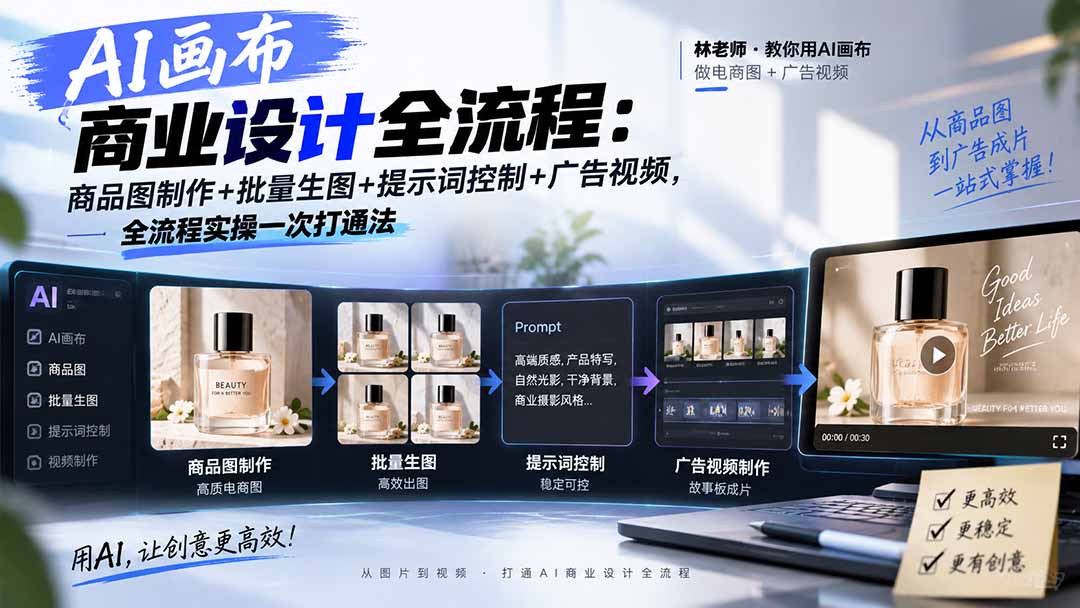 AI画布商业设计全流程：商品图制作+批量生图+提示词控制+广告视频，全流程实操一次打通法-资源宝库