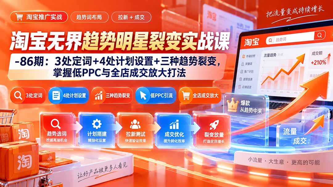 淘宝无界趋势明星裂变实战课-86期：3处定词+4处计划设置+三种趋势裂变，掌握低PPC与全店成交放大打法-资源宝库