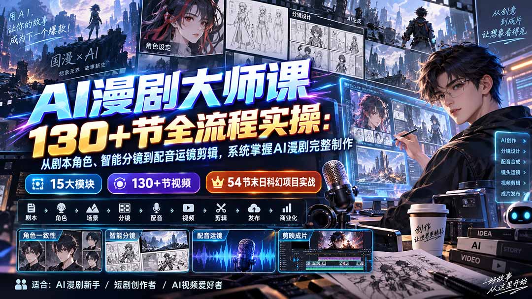 AI漫剧大师课130+节全流程实操：从剧本角色、智能分镜到配音运镜剪辑，系统掌握AI漫剧完整制作-资源宝库