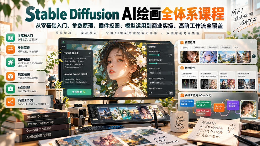 【无水印】Stable Diffusion AI绘画全体系课程，从零基础入门、参数原理、插件控图、模型运用到商业实操、高阶工作流全覆盖-资源宝库