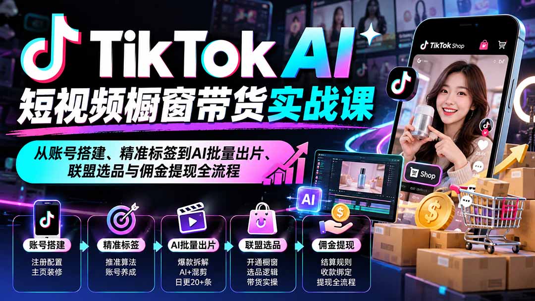 TikTok AI短视频橱窗带货实战课：从账号搭建、精准标签到AI批量出片、联盟选品与佣金提现全流程-资源宝库