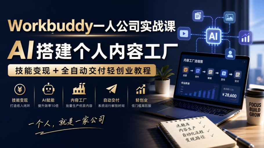 Workbuddy一人公司实战课，AI搭建个人内容工厂，技能变现+全自动交付轻创业教程​-资源宝库
