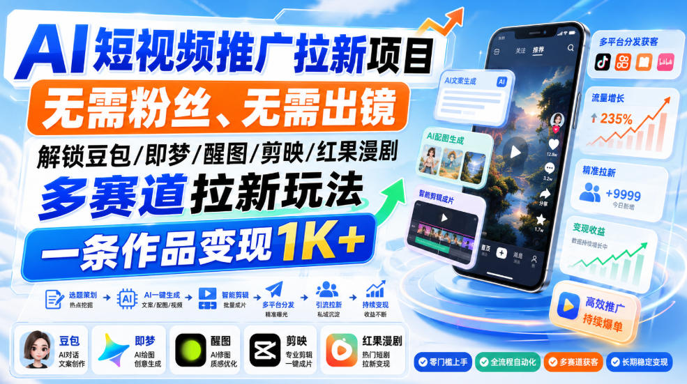 AI短视频推广拉新项目，无需粉丝、无需出镜，解锁豆包/即梦/醒图/剪映/红果漫剧多赛道拉新玩法，一条作品变现1K+(更新0910)-资源宝库