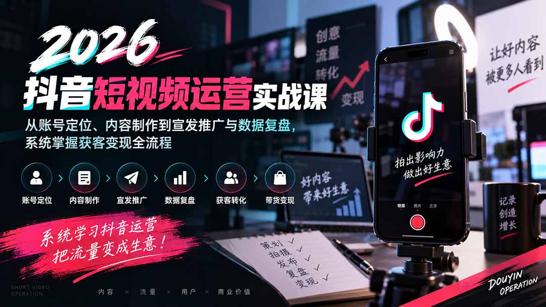 2026抖音短视频运营实战课：从账号定位、内容制作到宣发推广与数据复盘，系统掌握获客变现全流程-资源宝库