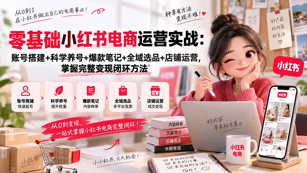 零基础小红书电商运营实战：账号搭建+科学养号+爆款笔记+全域选品+店铺运营，掌握完整变现闭环方法-资源宝库