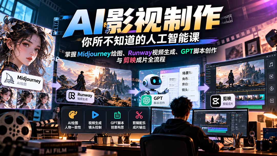 【无水印】AI影视制作-你所不知道的人工智能课，掌握Midjourney绘图、Runway视频生成、GPT脚本创作与剪映成片全流程-资源宝库